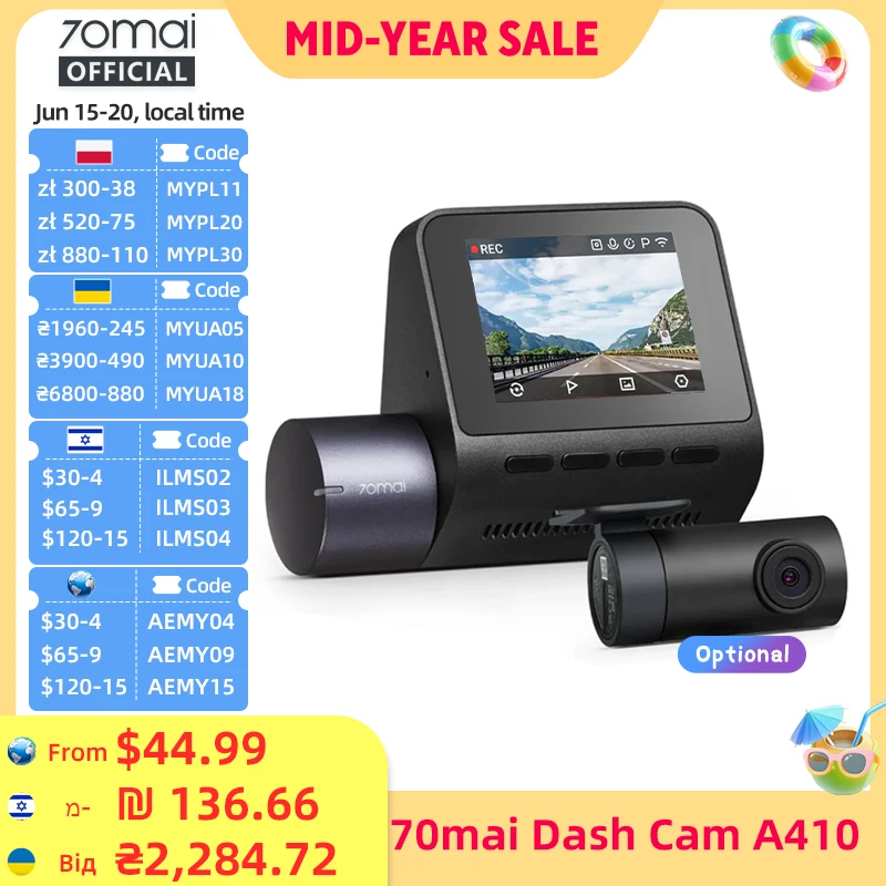 70mai Dash Cam A410 Front 1440P Rear 1080P Car DVR Upgraded Ver. of 70mai A400 Car Recorder 24H Parking Mode Support Max 256GB
70mai Dash Cam A410 Front 1440P Rear 1080P Car DVR Upgraded Ver. of 70mai A400 Car Recorder 24H Parking Mode Support Max 256GB