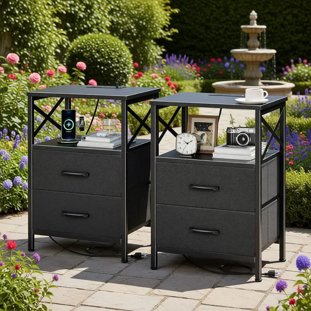 Pair of Modern Nightstands with USB-C, Open Shelves, and X-Shaped Rails for Small Spaces in Black
Pair of Modern Nightstands with USB-C, Open Shelves, and X-Shaped Rails for Small Spaces in Black