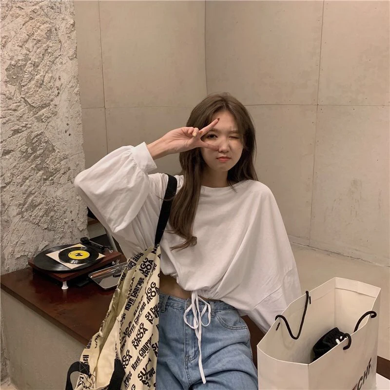 Women Drawstring Long Sleeve Crop Tops Spring Korean Fashion Casual Loose Fit O Neck T Shirts Girl Sports Sweet Black White Grey
Women Drawstring Long Sleeve Crop Tops Spring Korean Fashion Casual Loose Fit O Neck T Shirts Girl Sports Sweet Black White Grey