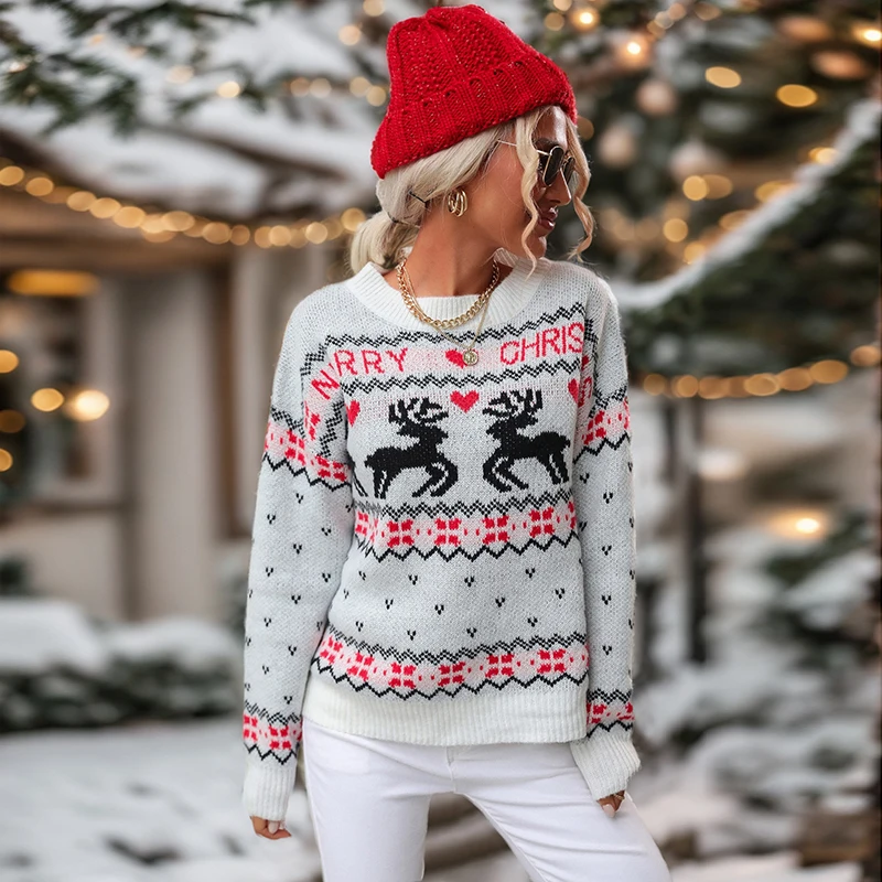 Women's White Merry Christmas Reindeer Pattern Crew Neck Knitted Sweater Autumn Winter Casual Loose Fit Pullover
Women's White Merry Christmas Reindeer Pattern Crew Neck Knitted Sweater Autumn Winter Casual Loose Fit Pullover