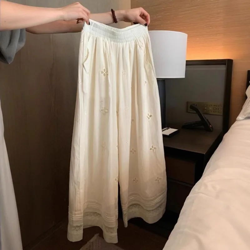 Vacation Casual Lace Splicing Wide Leg Pants Women Spring Summer Loose Slimming Long Trousers Hollow out Design High Waist
Vacation Casual Lace Splicing Wide Leg Pants Women Spring Summer Loose Slimming Long Trousers Hollow out Design High Waist