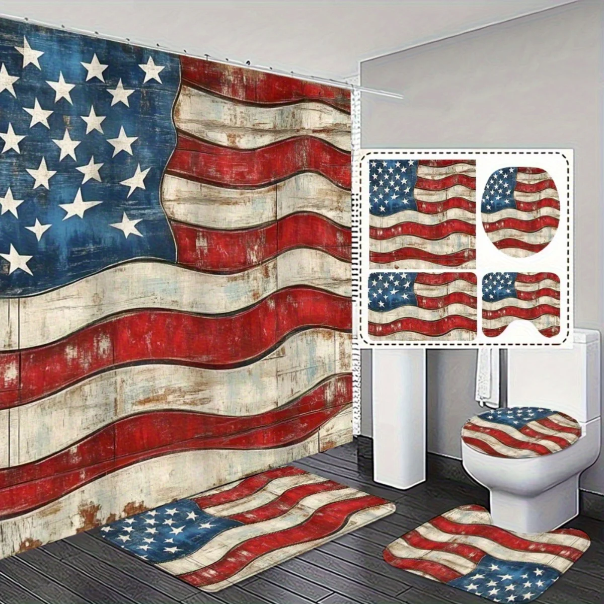 4pcs Vintage American Flag Bathroom Set 4th of July Shower Curtain Non Slip Toilet Lid Cover Patriotic Red White Blue Stars Stripes Bathroom Decor Chic Sturdy Themed Bathroom Accessories Set Home Holiday Decoration
4pcs Vintage American Flag Bathroom Set 4th of July Shower Curtain Non Slip Toilet Lid Cover Patriotic Red White Blue Stars Stripes Bathroom Decor Chic Sturdy Themed Bathroom Accessories Set Home Holiday Decoration