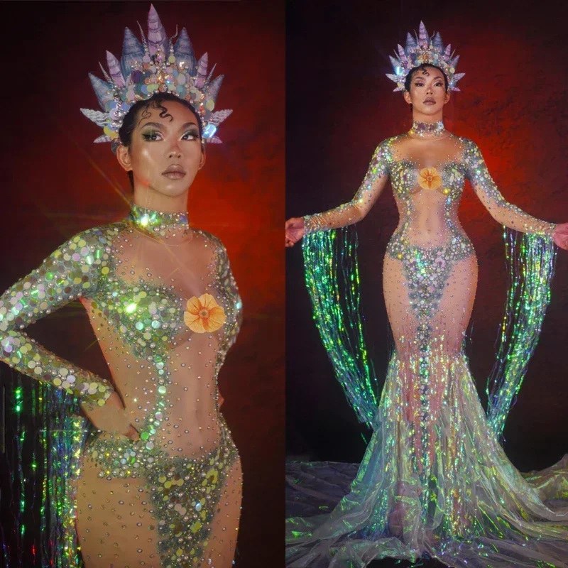 Ночной бар, певица, полная бриллиантовая рыбья чешуя, платье с бахромой, длинное платье с кисточками и хвостом, сценический наряд, костюм XS3014
Ночной бар, певица, полная бриллиантовая рыбья чешуя, платье с бахромой, длинное платье с кисточками и хвостом, сценический наряд, костюм XS3014