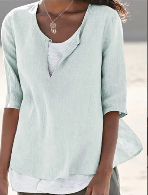 Sexy V-neck Solid Cotton HempT Shirt Large Medium Sleeve Women Latest Casual Elegant fresh and sweet Tunic Femme Clothing
Sexy V-neck Solid Cotton HempT Shirt Large Medium Sleeve Women Latest Casual Elegant fresh and sweet Tunic Femme Clothing