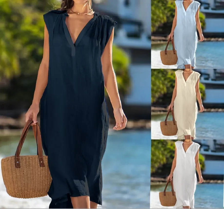 2025 Women's Summer Solid Cotton Linen Loose Casual Dress Elegant Sleeveless V Neck Commuter Dress Ladies Vacation Beach Dresses 
2025 Women's Summer Solid Cotton Linen Loose Casual Dress Elegant Sleeveless V Neck Commuter Dress Ladies Vacation Beach Dresses