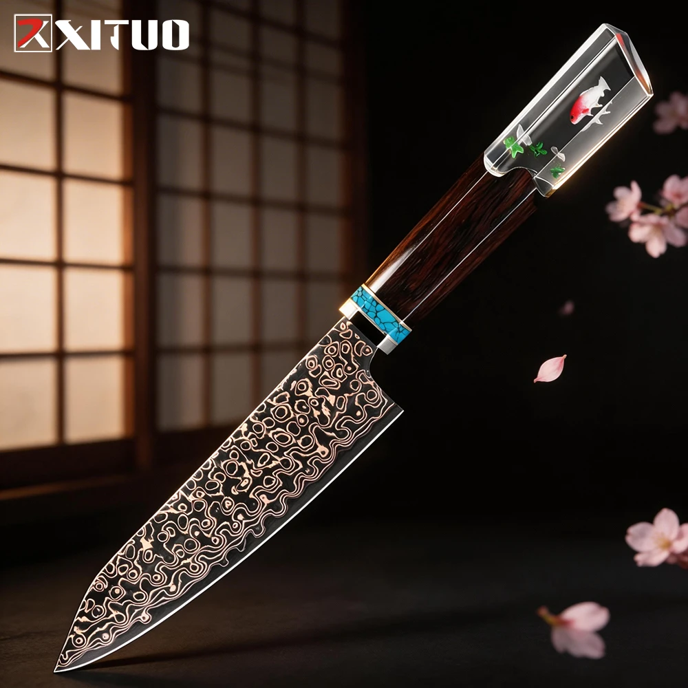 Japanese Kitchen Knife 5 Inch Utility Knife Copper Damascus Steel Sharp Cooking Knife Octagonal Ebony & Transparent Resin Handle
Japanese Kitchen Knife 5 Inch Utility Knife Copper Damascus Steel Sharp Cooking Knife Octagonal Ebony & Transparent Resin Handle