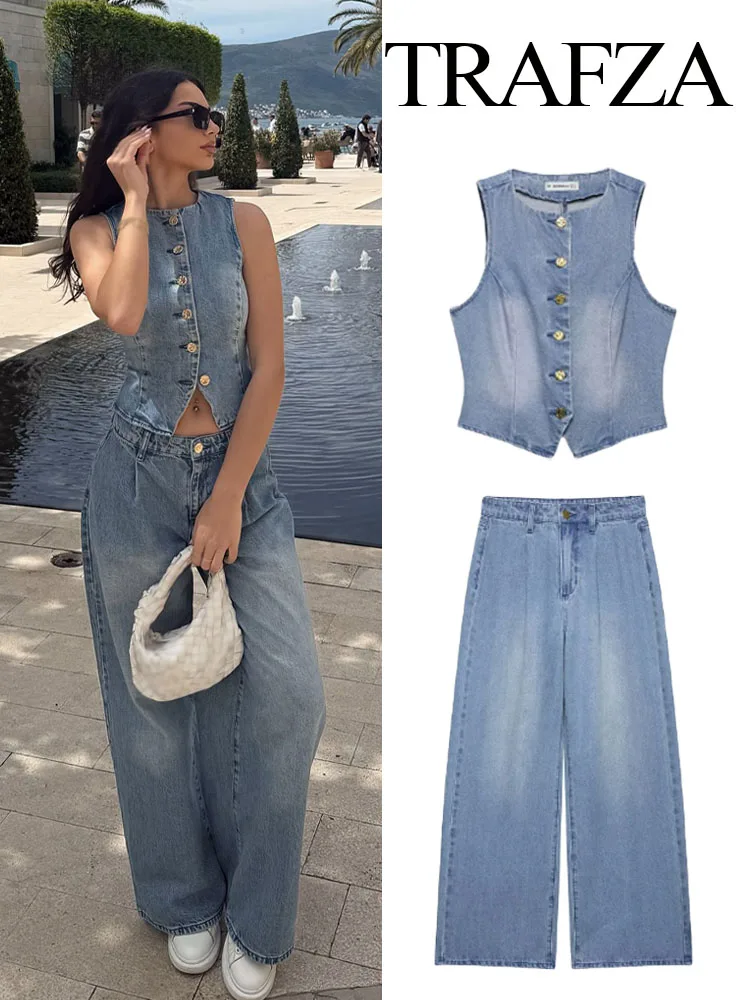 TRAFZA 2025 Denim 2-Piece Set Women Fashion Round Neck Single-Breasted Sleeveless Vest+High Waist Pleated Casual Wide-Leg Jeans
TRAFZA 2025 Denim 2-Piece Set Women Fashion Round Neck Single-Breasted Sleeveless Vest+High Waist Pleated Casual Wide-Leg Jeans