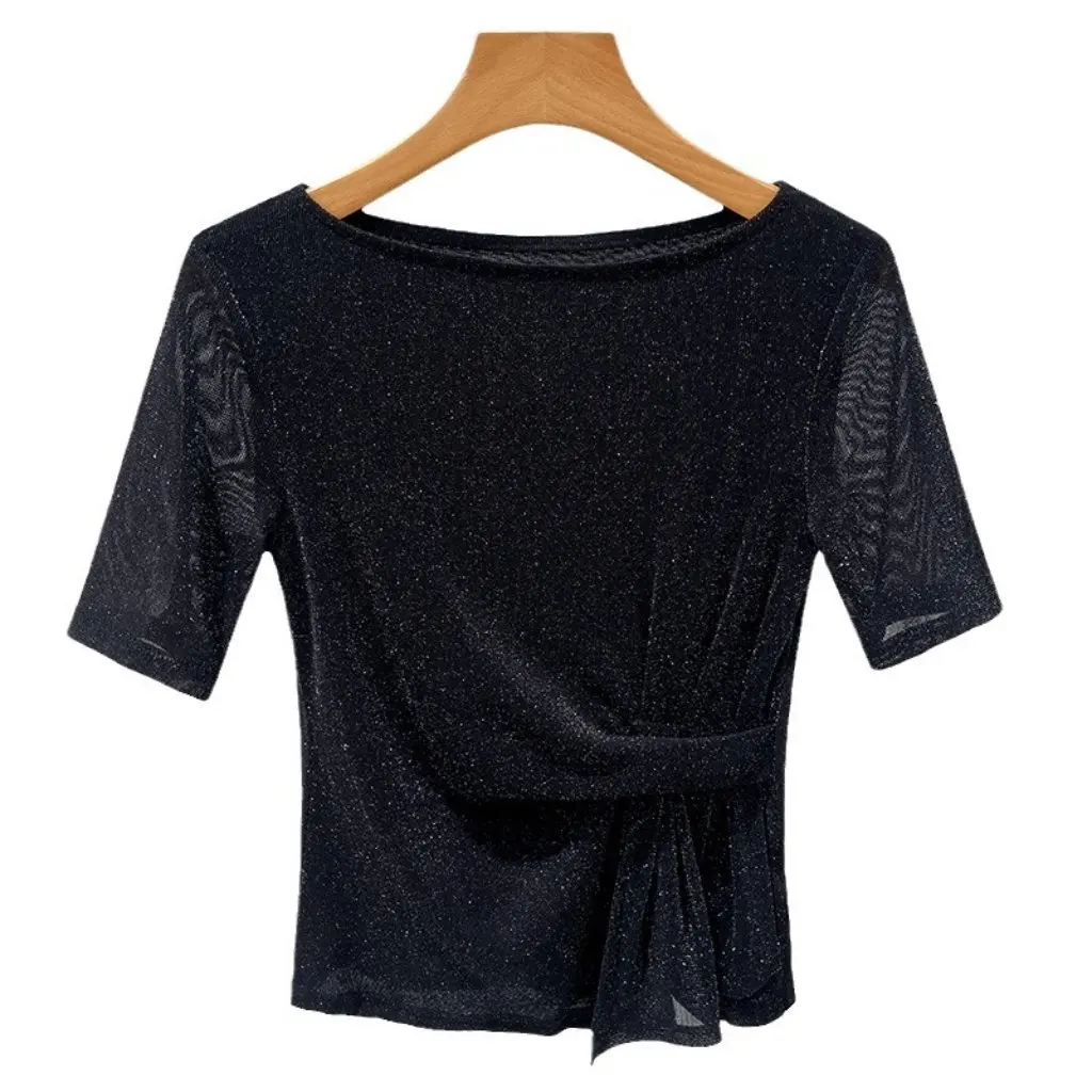 Women's Mid-Sleeve T-Shirt Elegant One-Shoulder Silk Mesh Western Style Bright Color Umbrella Hem Waist Top New 
Women's Mid-Sleeve T-Shirt Elegant One-Shoulder Silk Mesh Western Style Bright Color Umbrella Hem Waist Top New