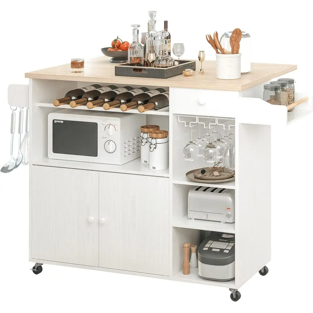 White Rolling Kitchen Island with Drop Leaf, Wine Rack, Microwave Stand, Shelves, and Spice Rack
White Rolling Kitchen Island with Drop Leaf, Wine Rack, Microwave Stand, Shelves, and Spice Rack