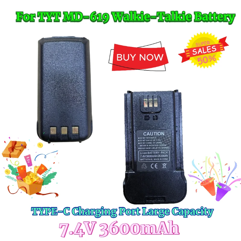 7.4V 3600mAh for TYT MD-619 Walkie-Talkie Battery with TYPE-C Charging Port Large Capacity
7.4V 3600mAh for TYT MD-619 Walkie-Talkie Battery with TYPE-C Charging Port Large Capacity