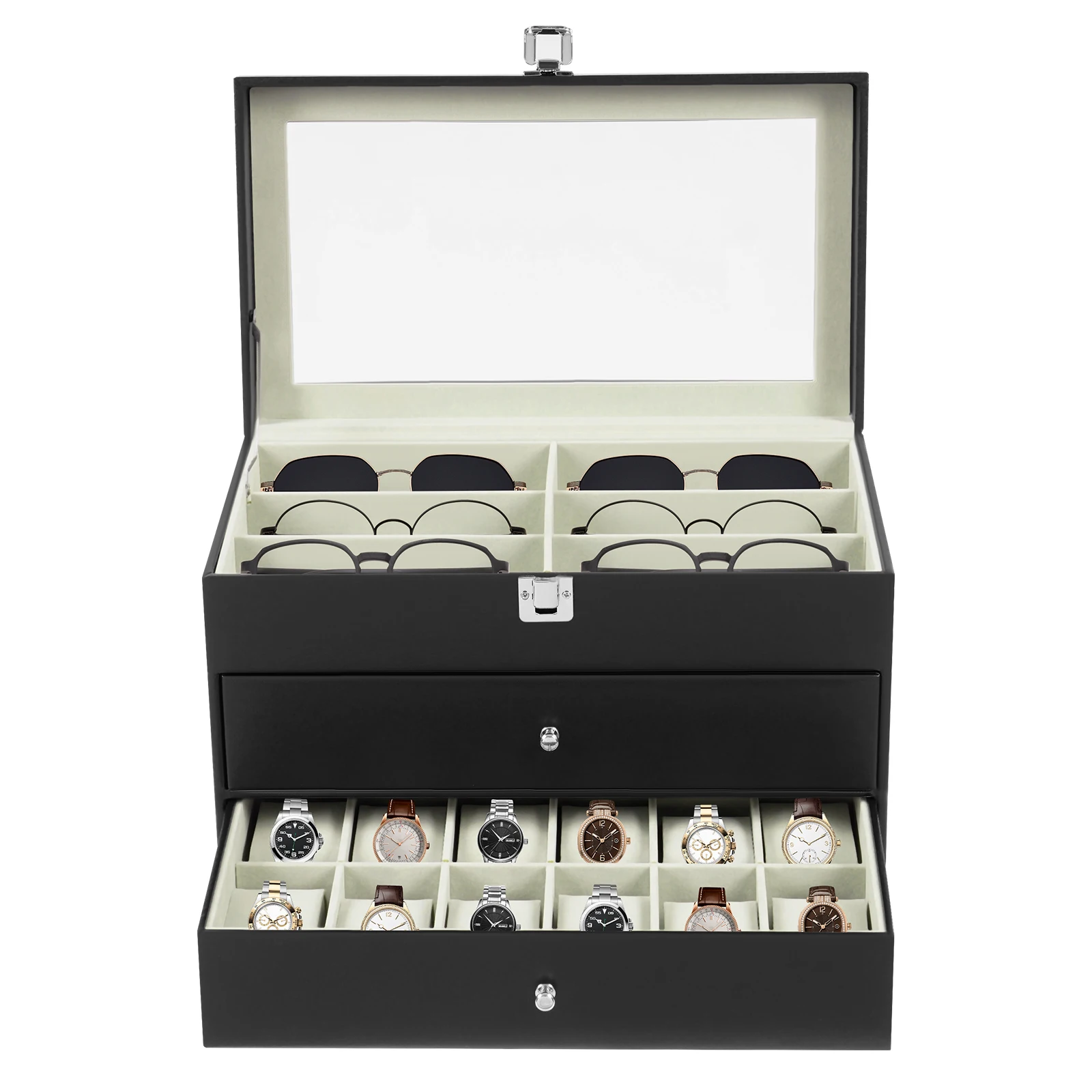 12 Compartment Watches & Glasses Display Box, Watch Box Organizer Storage Case with Large Glass Lid
12 Compartment Watches & Glasses Display Box, Watch Box Organizer Storage Case with Large Glass Lid