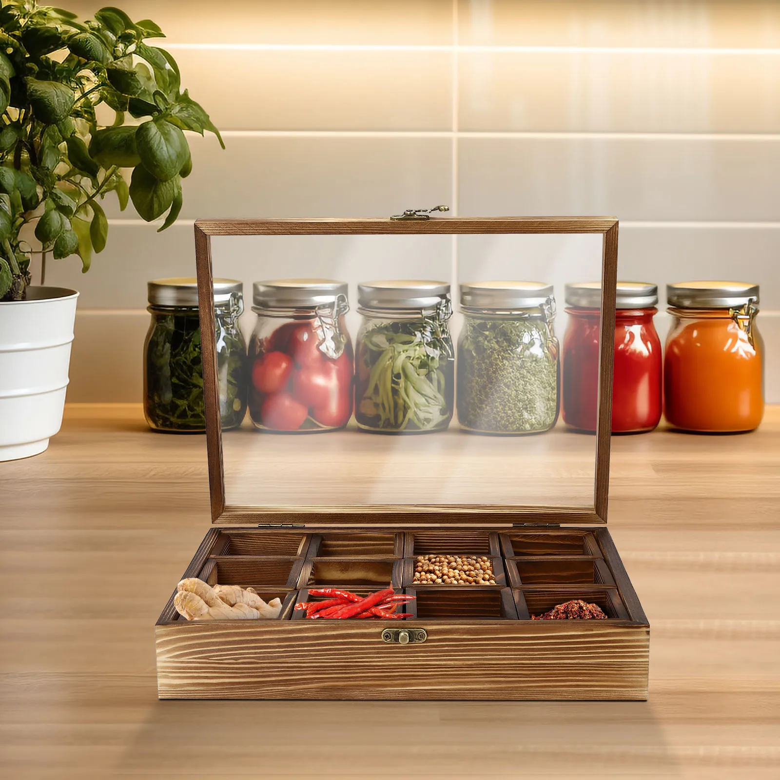 Wooden Spice Box with 12 Removable Compartments, Glass Lid, 1 Wooden Spoon, for Storing Spices or Teas in the Kitchen, Teahouse
Wooden Spice Box with 12 Removable Compartments, Glass Lid, 1 Wooden Spoon, for Storing Spices or Teas in the Kitchen, Teahouse