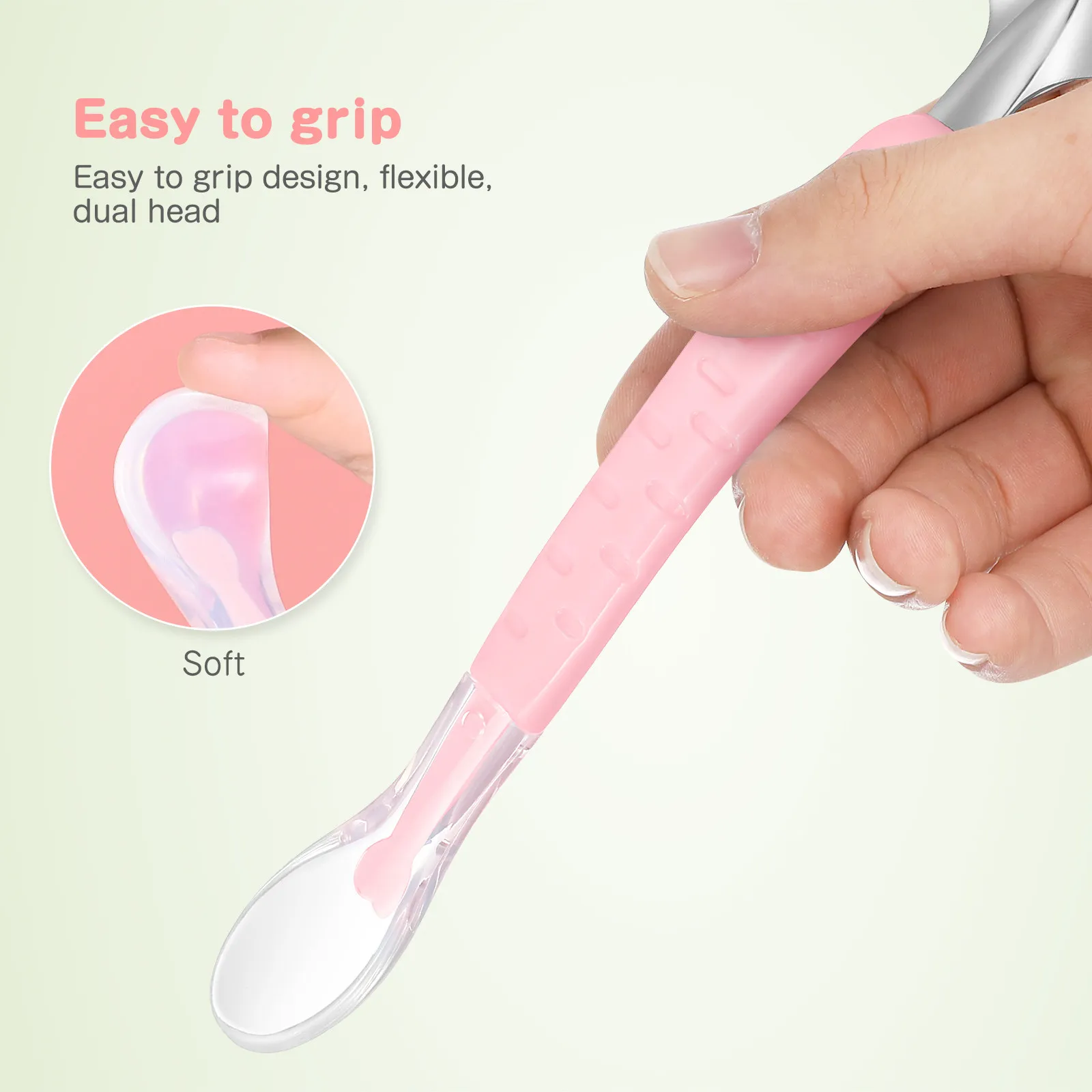 Набор из 2 детских ложек для фруктового пюре с двойной головкой, силиконовой ручкой и нескользящей рукояткой, с насадкой из нержавеющей стали, для обучения самостоятельному приеданию еды
Набор из 2 детских ложек для фруктового пюре с двойной головкой, силиконовой ручкой и нескользящей рукояткой, с насадкой из нержавеющей стали, для обучения самостоятельному приеданию еды