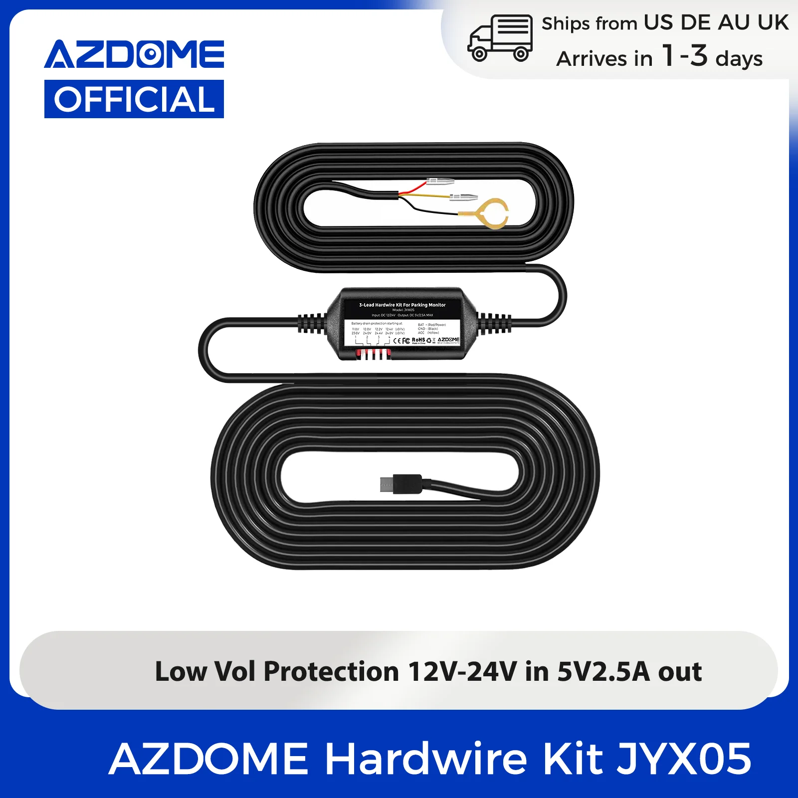 【US Warehouses】AZDOME JYX05 Dash Cam Hardwire Kit Type-C Car DVR Power Cable 12V-24V Input 5V 2.5A Output Low Voltage Protection
【US Warehouses】AZDOME JYX05 Dash Cam Hardwire Kit Type-C Car DVR Power Cable 12V-24V Input 5V 2.5A Output Low Voltage Protection