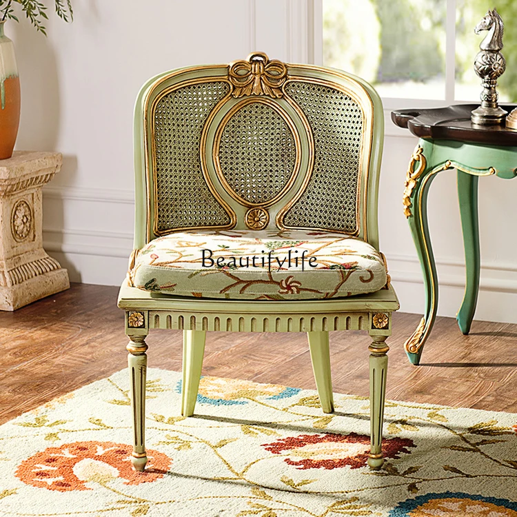 American Style Solid Wood Vintage Rattan Vanity Chair Neoclassical Distressed Leisure Reading Chair
American Style Solid Wood Vintage Rattan Vanity Chair Neoclassical Distressed Leisure Reading Chair