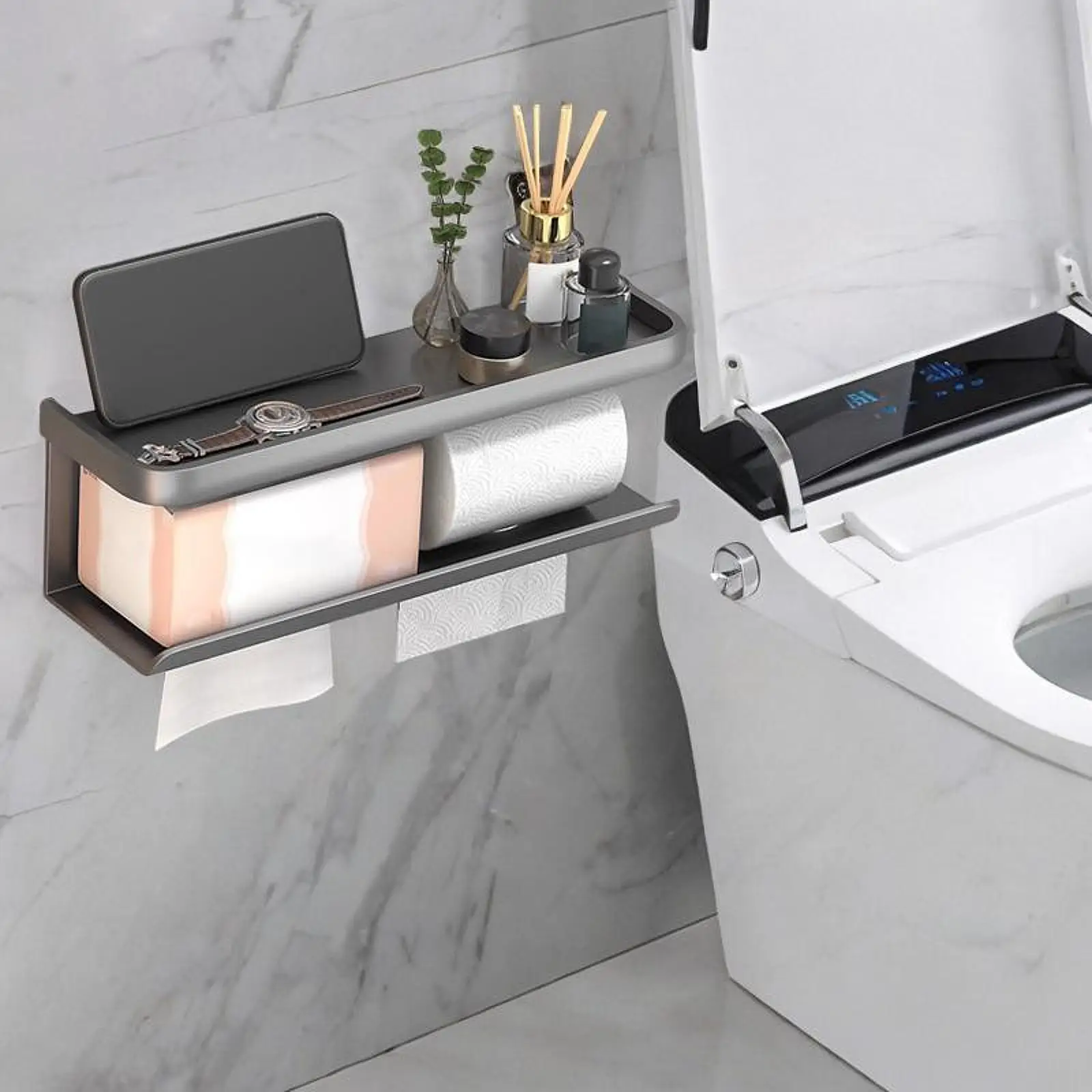 Toilet Paper Holder with Phone Tray Paper Towel Holder Toilet Tissue Roll Holder Paper Storage Rack for Kitchen Farmhouse Hotel
Toilet Paper Holder with Phone Tray Paper Towel Holder Toilet Tissue Roll Holder Paper Storage Rack for Kitchen Farmhouse Hotel