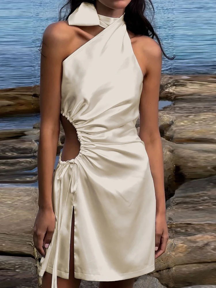 Fantoye Satin Sexy One Shoulder Hollow Out Bow Women Dress Apricot Sleeveless Lace Up Dress Summer Slim Elegant Party Club Dress
Fantoye Satin Sexy One Shoulder Hollow Out Bow Women Dress Apricot Sleeveless Lace Up Dress Summer Slim Elegant Party Club Dress
