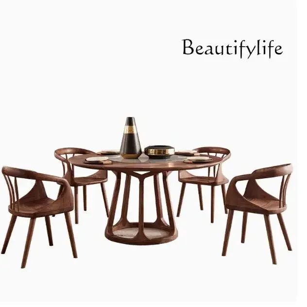 North American black walnut new Chinese inlaid turntable round table log luxury marble modern simple home dining table
North American black walnut new Chinese inlaid turntable round table log luxury marble modern simple home dining table