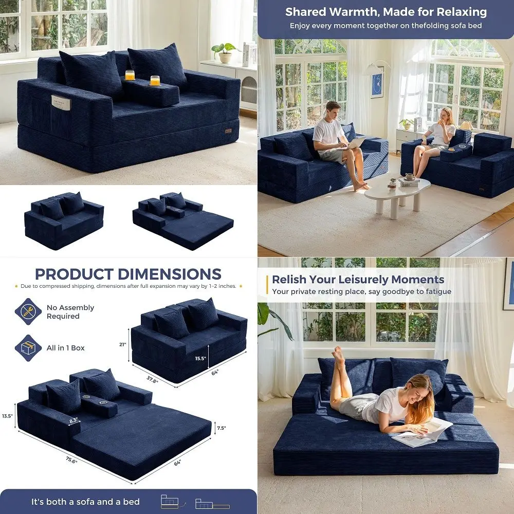 Loveseat Sofa Bed, 64 Foldable Floor Sofa Couch in A Box with 2 Cup Holders, 4 in 1 Convertible Boneless Couch Folding Recliner
Loveseat Sofa Bed, 64 Foldable Floor Sofa Couch in A Box with 2 Cup Holders, 4 in 1 Convertible Boneless Couch Folding Recliner