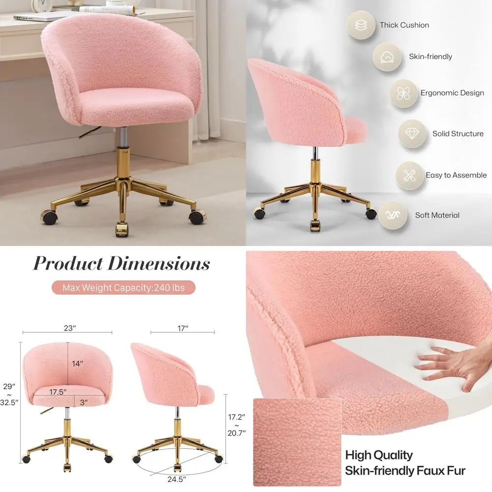 Розовое плюшевое поворотное кресло на колесиках с регулировкой высоты для домашнего офиса и туалетного столика
Розовое плюшевое поворотное кресло на колесиках с регулировкой высоты для домашнего офиса и туалетного столика