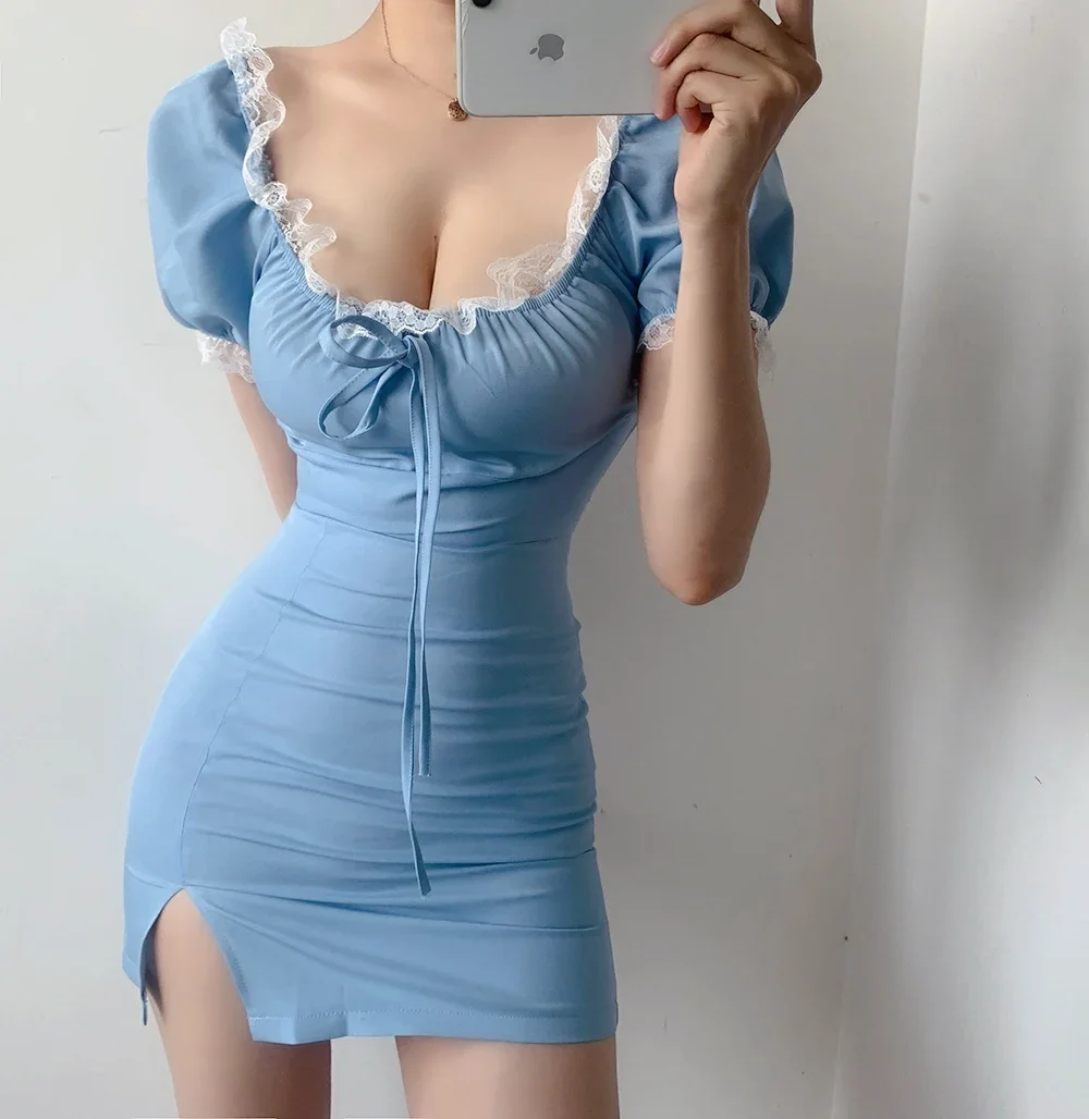 2023 Summer dress Fashion sweet girl Blue Mesh Lace Square Collar Low Chest Split Slim Puff Sleeve Female Womens Mini Dresses
2023 Summer dress Fashion sweet girl Blue Mesh Lace Square Collar Low Chest Split Slim Puff Sleeve Female Womens Mini Dresses
