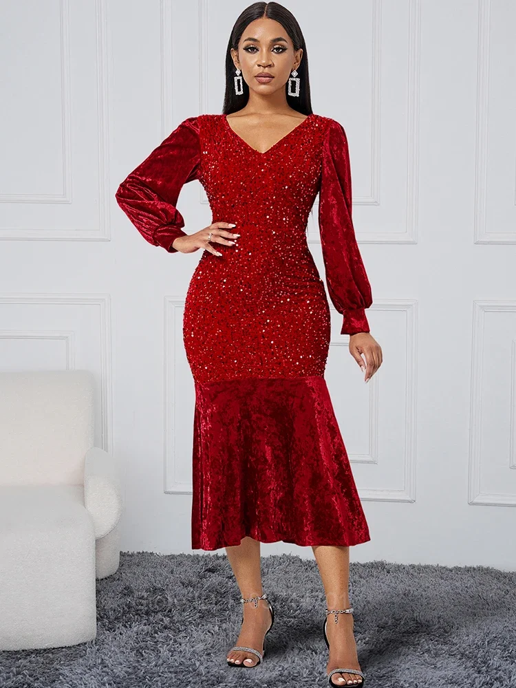 Luxury Red Long Sleeve Evening Gown Sequin Stretchy Velvet V Neck Mermaid Prom Floor Length Dress Burgundy Women Dresses 2024
Luxury Red Long Sleeve Evening Gown Sequin Stretchy Velvet V Neck Mermaid Prom Floor Length Dress Burgundy Women Dresses 2024