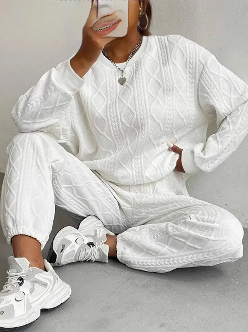 Fashionable Ribbed Knit Long Pants Casual Two-Piece Set Autumn Winter Women's Wear Comfortable Loose Fit round Neck Sweatshirt
Fashionable Ribbed Knit Long Pants Casual Two-Piece Set Autumn Winter Women's Wear Comfortable Loose Fit round Neck Sweatshirt