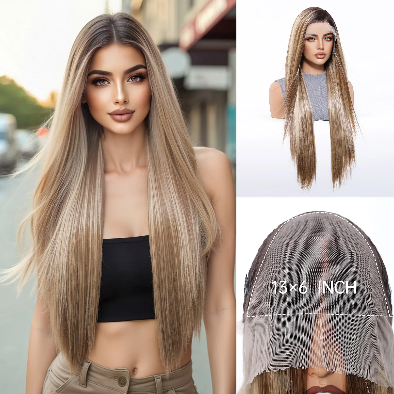 Blonde Highlight Wig Long Straight 13*6 Lace Front Ombre Brown Roots Natural Hairline Synthetic Hair for Women Daily Cosplay Wig
Blonde Highlight Wig Long Straight 13*6 Lace Front Ombre Brown Roots Natural Hairline Synthetic Hair for Women Daily Cosplay Wig