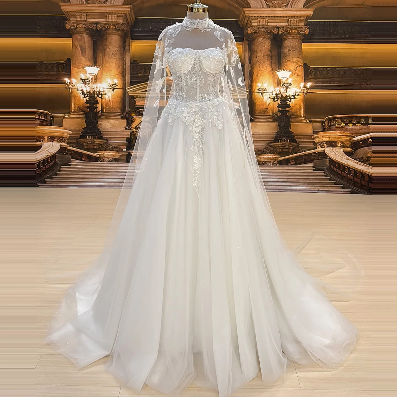 A-line train wedding dress with sequined floral embellishments and sheer shawl Custom-made dress for bridal party
A-line train wedding dress with sequined floral embellishments and sheer shawl Custom-made dress for bridal party