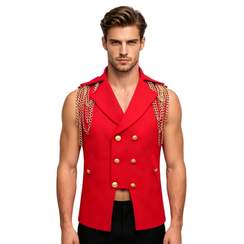 Men's Slim Fit Metal Chain Waistcoat Double Button Red Black Punk Rock Vest with Tassel for Stage Performance And Nightclub
Men's Slim Fit Metal Chain Waistcoat Double Button Red Black Punk Rock Vest with Tassel for Stage Performance And Nightclub
