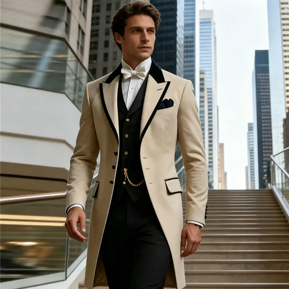 Elegant 3 Pieces Men Suits Peak Lapel Beige Long Blazer Vest Pant Set Tuxedo Suits for Men Wedding Dresses Business Banquet
Elegant 3 Pieces Men Suits Peak Lapel Beige Long Blazer Vest Pant Set Tuxedo Suits for Men Wedding Dresses Business Banquet