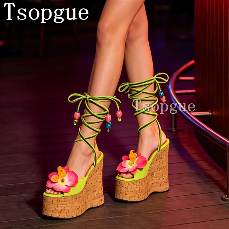 Boho Style3D Flower Wedge Heels Green Lace Up Ankle Wrap Platform Sandals for Women, Summer Vacation Party High Heels
Boho Style3D Flower Wedge Heels Green Lace Up Ankle Wrap Platform Sandals for Women, Summer Vacation Party High Heels