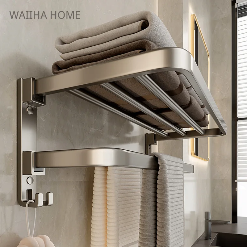 Aluminium Alloy Bathroom Storage Shelf Grey Wall Mounted Foldable Bath Towel Rack Rail Holder with Sliding Hooks Punch-Free
Aluminium Alloy Bathroom Storage Shelf Grey Wall Mounted Foldable Bath Towel Rack Rail Holder with Sliding Hooks Punch-Free