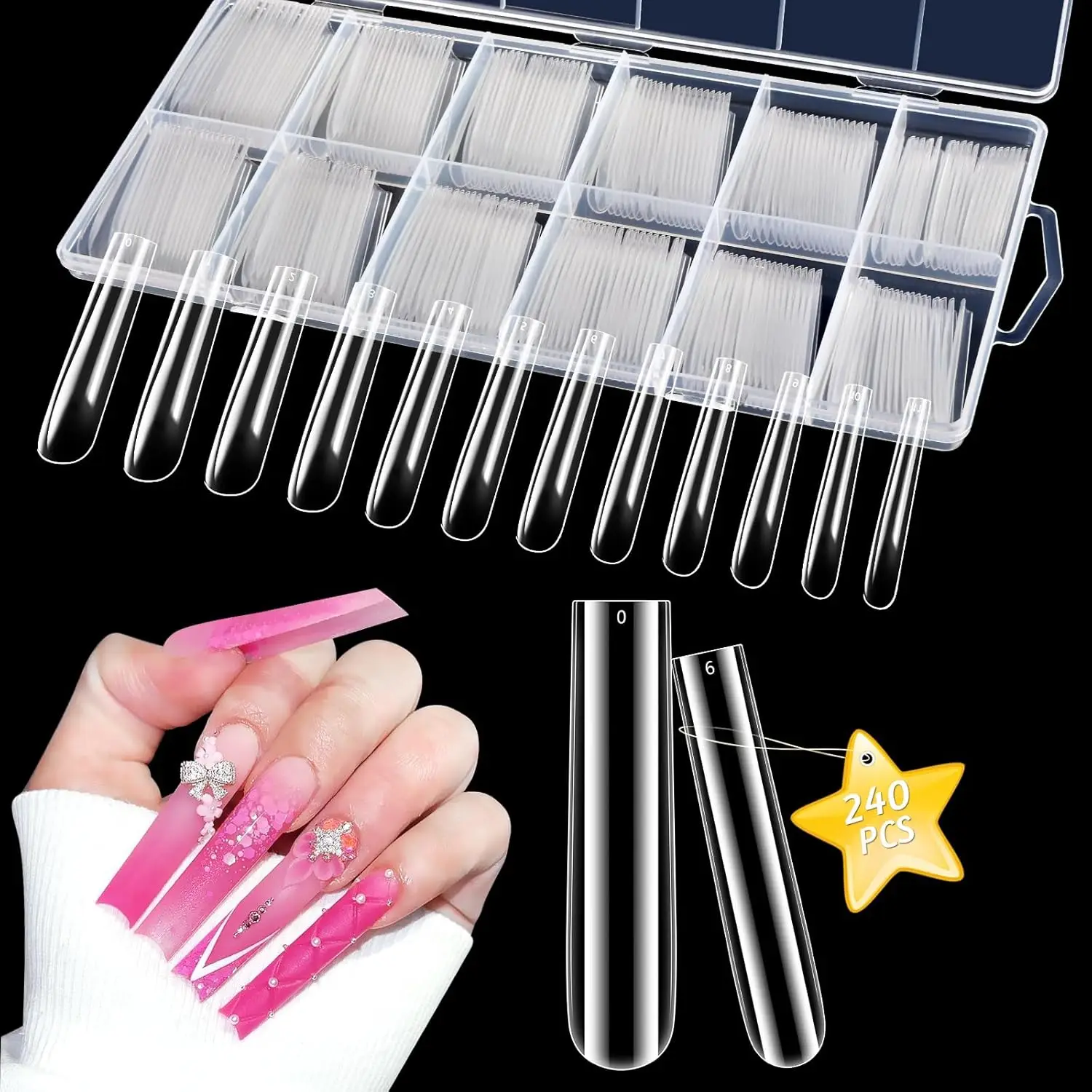 240PCS Extra Long Tapered Square Nail Tips, 12 Sizes Clear Full Cover for Acrylic Nails, Professional Home DIY
240PCS Extra Long Tapered Square Nail Tips, 12 Sizes Clear Full Cover for Acrylic Nails, Professional Home DIY