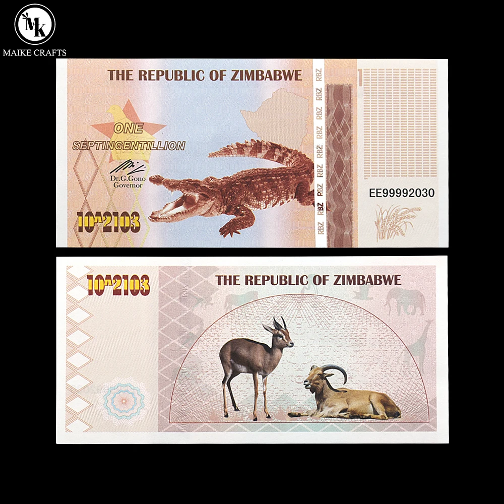 Zimbabwe One Septingentillion Dollar Crocodile Banknote with UV Anti-counterfeit Serial Number Paper Money Collection Gift
Zimbabwe One Septingentillion Dollar Crocodile Banknote with UV Anti-counterfeit Serial Number Paper Money Collection Gift