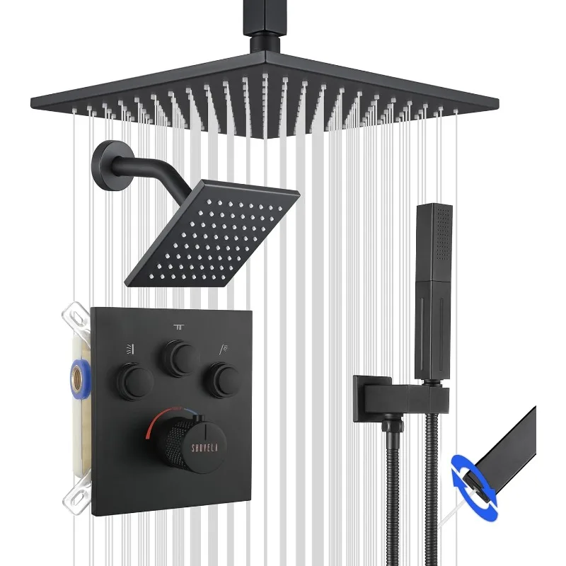 Thermostatic Shower System,Push Button Diverter Shower Faucet w/ 2 in 1 Handheld,Ceiling Mount 12Inch Shower w/ 6Inch Wall Mount
Thermostatic Shower System,Push Button Diverter Shower Faucet w/ 2 in 1 Handheld,Ceiling Mount 12Inch Shower w/ 6Inch Wall Mount