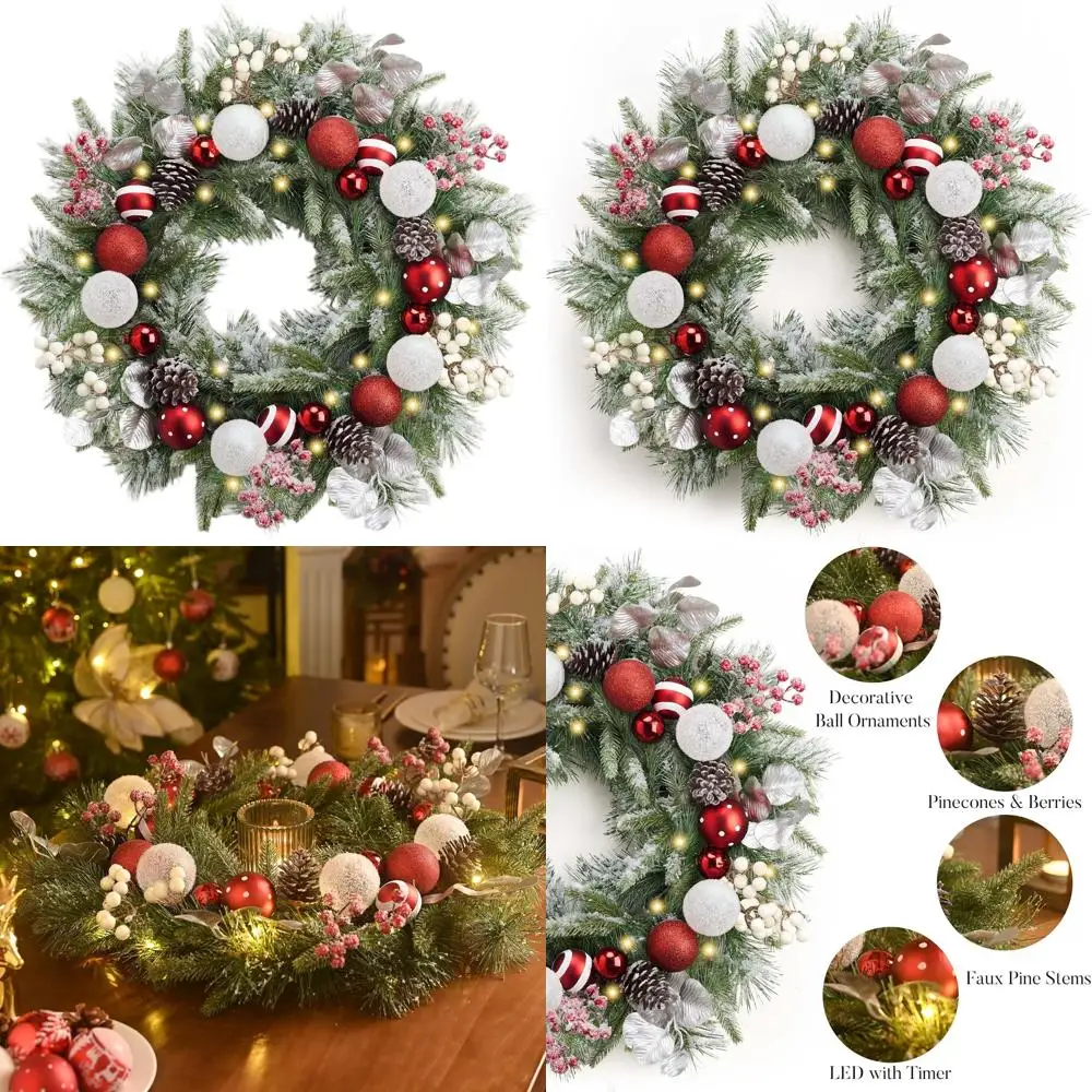 24 Inch Lit Christmas Wreath with Red & White Balls for Outdoor Home Decor
24 Inch Lit Christmas Wreath with Red & White Balls for Outdoor Home Decor