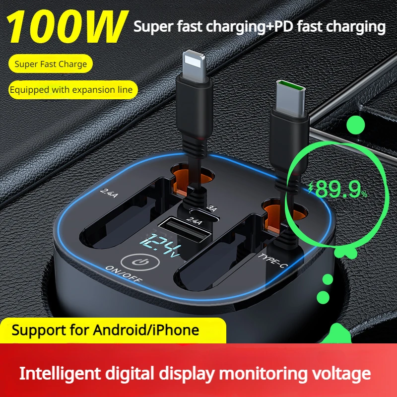 Car Charger with Wire Car Mobile Phone Car Charger Digital Display Ambient Light Super Fast Charge 100W Deodorized Treasure Cup
Car Charger with Wire Car Mobile Phone Car Charger Digital Display Ambient Light Super Fast Charge 100W Deodorized Treasure Cup