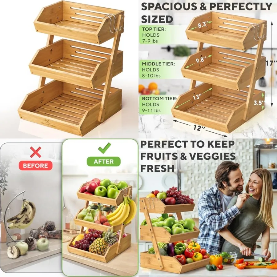 Bamboo Fruit Basket 3-Tier - Premium Produce Basket for Kitchen w/ 2 Hangers - Durable Easy to Assemble Stand for Countertop -
Bamboo Fruit Basket 3-Tier - Premium Produce Basket for Kitchen w/ 2 Hangers - Durable Easy to Assemble Stand for Countertop -
