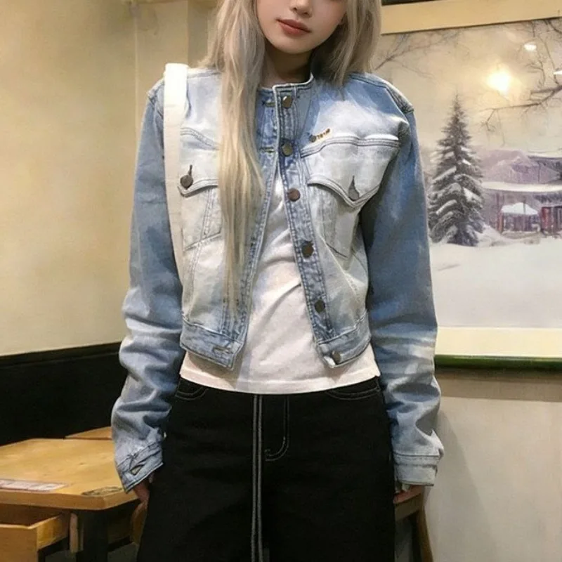 American Retro Washed Vintage Short Denim Jacket Women's Loose Collarless Casual Jean Coats High Waisted Single Breasted Outwear
American Retro Washed Vintage Short Denim Jacket Women's Loose Collarless Casual Jean Coats High Waisted Single Breasted Outwear
