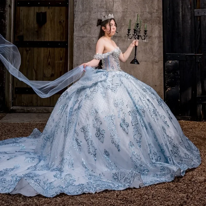 Blue Shiny Quinceanera Dresses Ball Gown Off Shoulder Sequin Appliques Lace Beads Bow Tull Corset Birthday Payty Sweet 16 Dress
Blue Shiny Quinceanera Dresses Ball Gown Off Shoulder Sequin Appliques Lace Beads Bow Tull Corset Birthday Payty Sweet 16 Dress