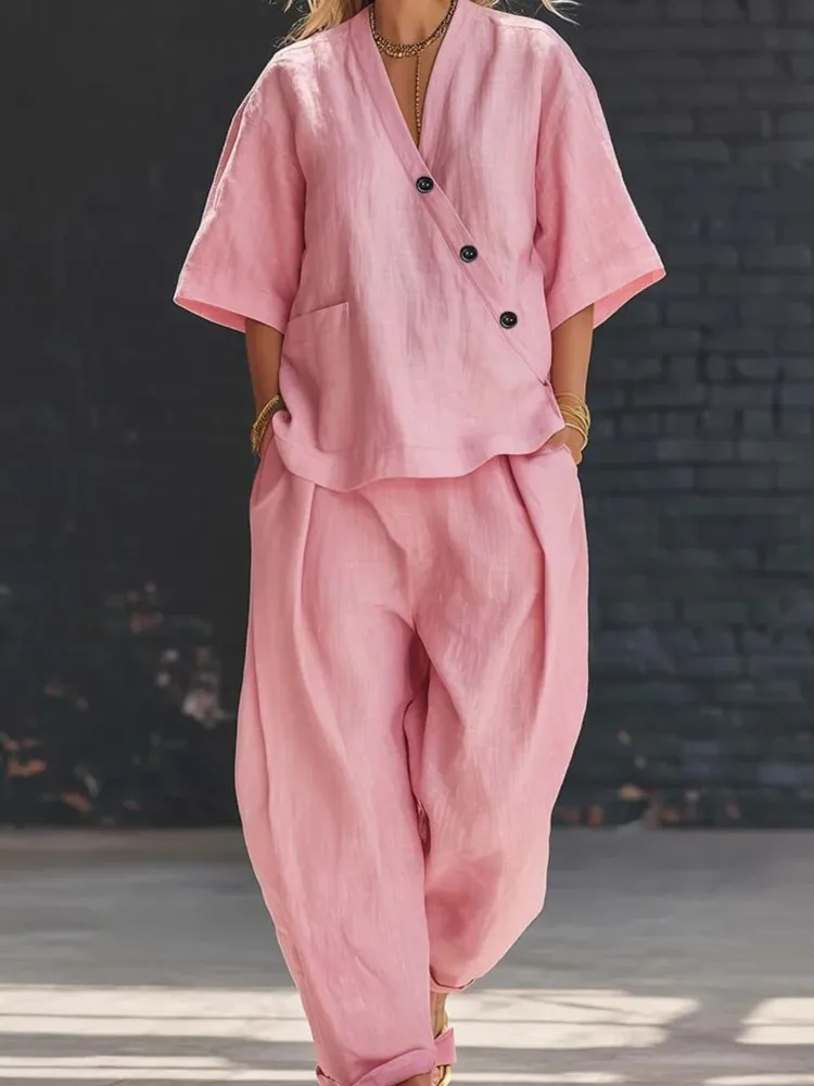 2026 New Spring Solid Casual Woman Outfits Sexy V Neck Button Top T-shirt & Wide Leg Pocket Trousers Suit Half Sleeve Loose Sets
2026 New Spring Solid Casual Woman Outfits Sexy V Neck Button Top T-shirt & Wide Leg Pocket Trousers Suit Half Sleeve Loose Sets