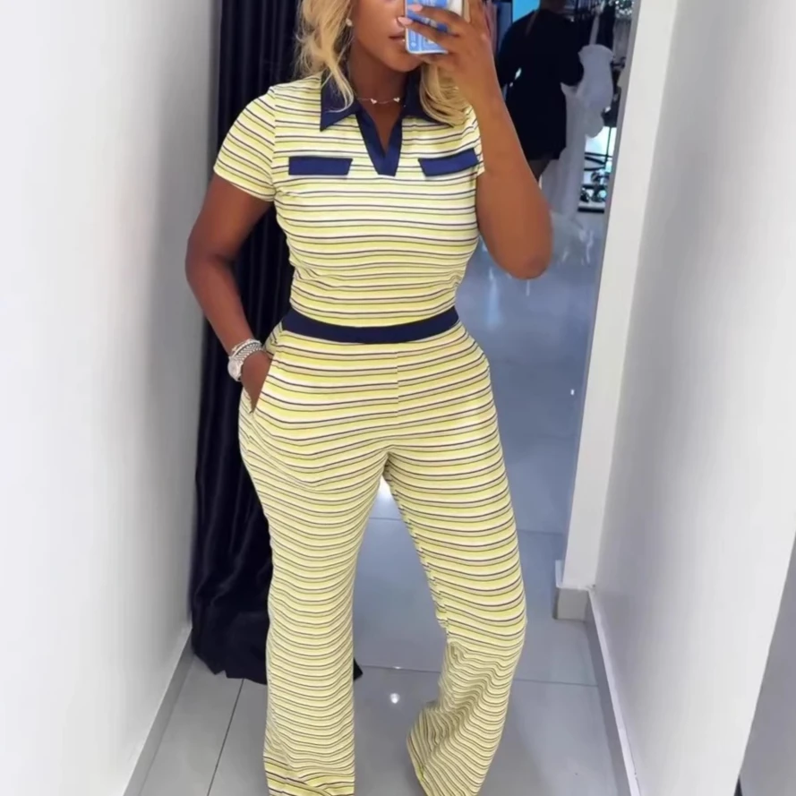 Pant Set Women Two Piece Sets Turn Down Collar Short Sleeve Tops Striped Long Pants Elastic Waist Y2k Streetwear Elegant Spring
Pant Set Women Two Piece Sets Turn Down Collar Short Sleeve Tops Striped Long Pants Elastic Waist Y2k Streetwear Elegant Spring
