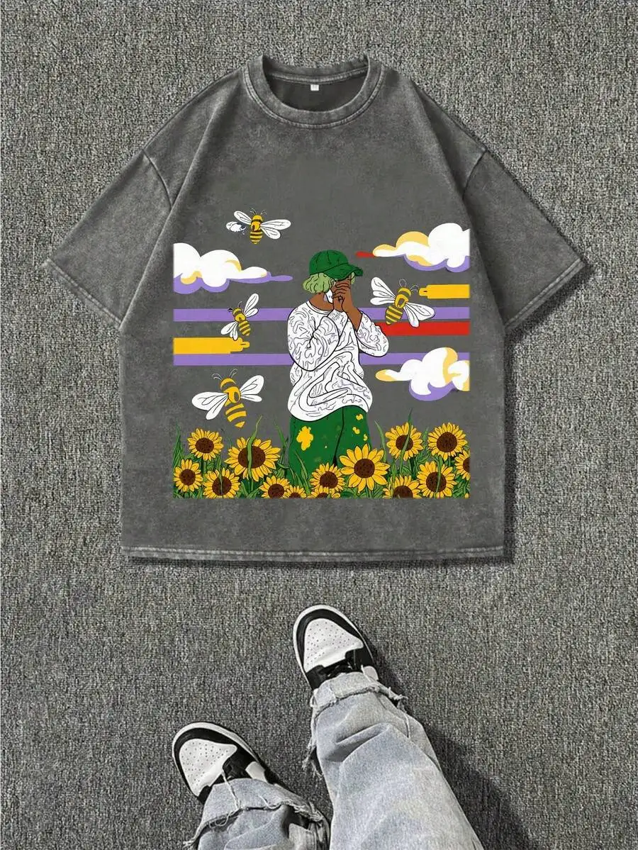 Washed Gray Crew Neck Short Sleeve T-Shirt With Sunflower Bee Print Casual Loose Fit Tee
Washed Gray Crew Neck Short Sleeve T-Shirt With Sunflower Bee Print Casual Loose Fit Tee