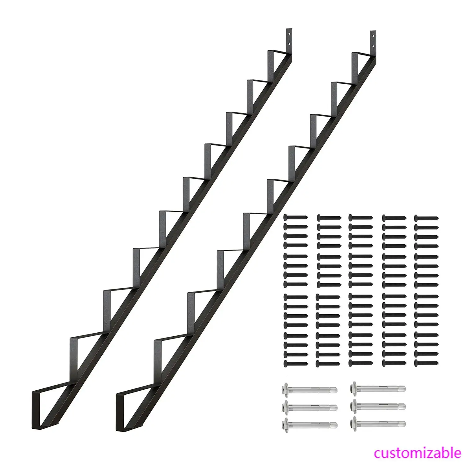 Outdoor Steel Stair Riser 10 Steps Black Stair Stringer for Deck Height 81in,Powder Coated Black,MAX Load Capacity:500lbs,2pcs
Outdoor Steel Stair Riser 10 Steps Black Stair Stringer for Deck Height 81in,Powder Coated Black,MAX Load Capacity:500lbs,2pcs