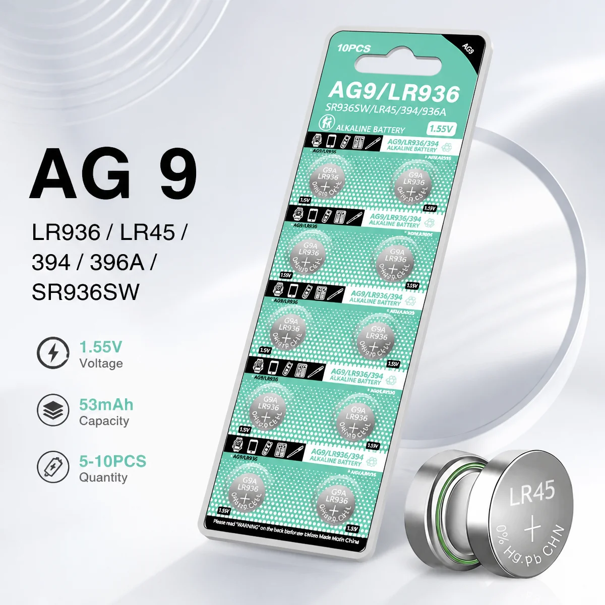 Alkaline Button Cell Battery AG9 LR936 SR936SW 1.55V 53mAh 394 LR45 194 Leak-Proof For Watch Calculator LED Light Stable Power
Alkaline Button Cell Battery AG9 LR936 SR936SW 1.55V 53mAh 394 LR45 194 Leak-Proof For Watch Calculator LED Light Stable Power