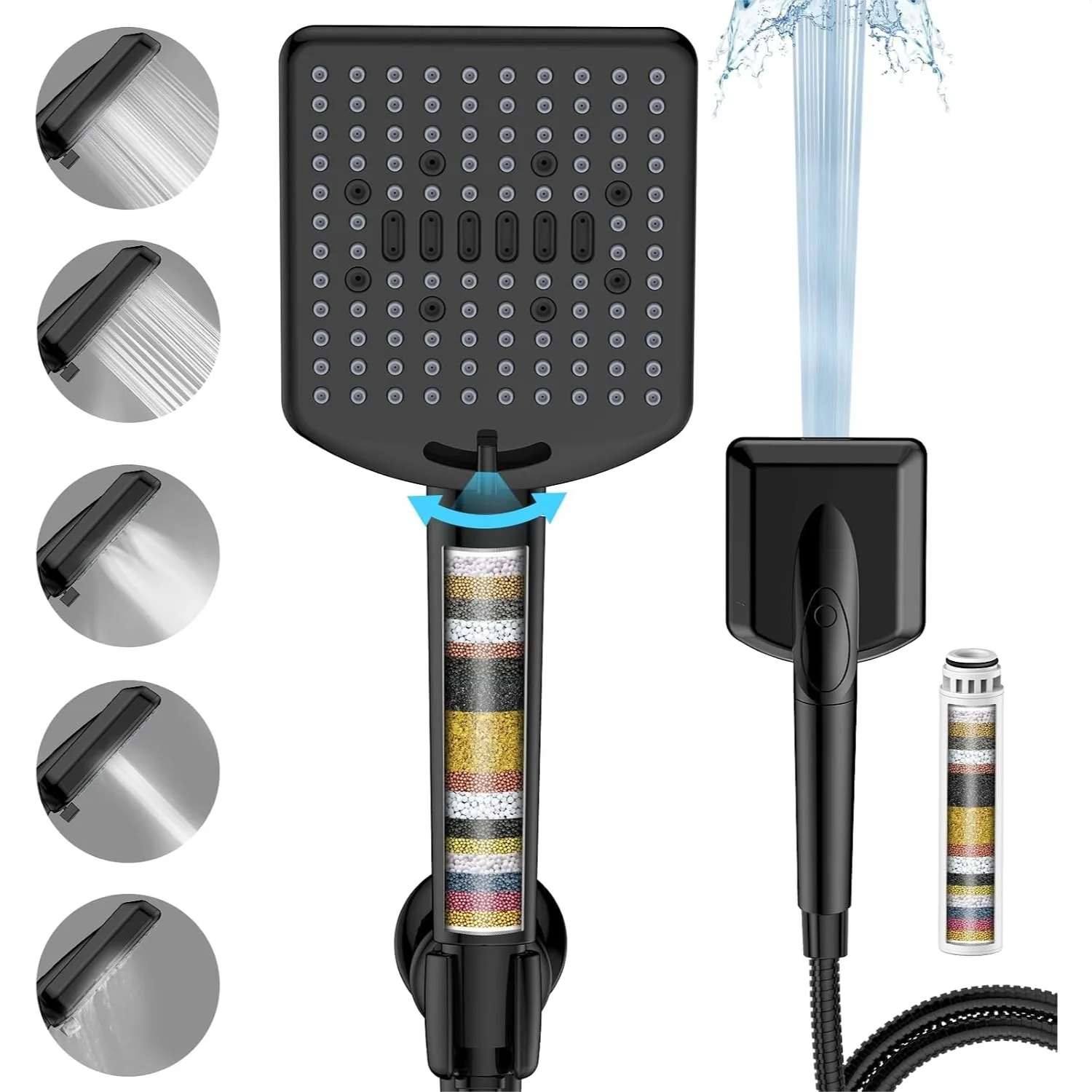 Matte Black Filtered Shower Head with Handheld, High Pressure 6 Modes, 120 Anti-clog Nozzles, Detachable with 6ft Hose for
Matte Black Filtered Shower Head with Handheld, High Pressure 6 Modes, 120 Anti-clog Nozzles, Detachable with 6ft Hose for