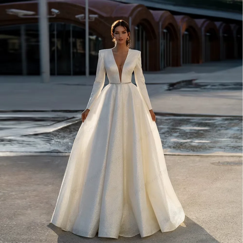 Ivory V Neck Full Sleeve Wedding Dresses Empire Stretch Satin Prom Gowns Zipper Back Summer Customized Vestidos De Novia
Ivory V Neck Full Sleeve Wedding Dresses Empire Stretch Satin Prom Gowns Zipper Back Summer Customized Vestidos De Novia