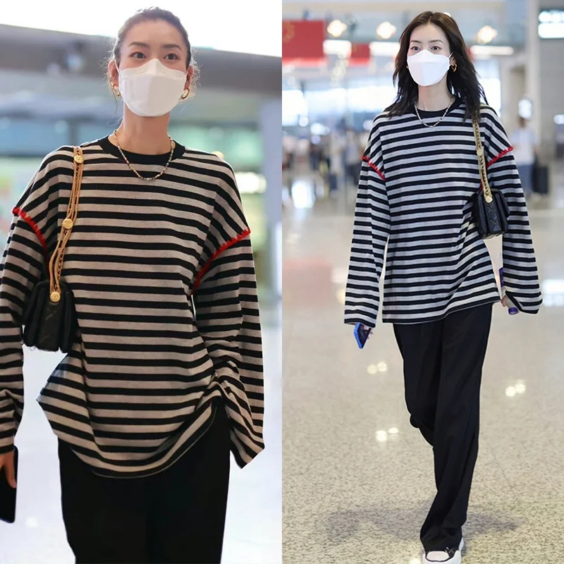 EXJ Liu Wen Airport Striped Loose Long Sleeve T-Shirt Women's Fashionable Minimalist Crew Neck Cotton Top for Autumn
EXJ Liu Wen Airport Striped Loose Long Sleeve T-Shirt Women's Fashionable Minimalist Crew Neck Cotton Top for Autumn
