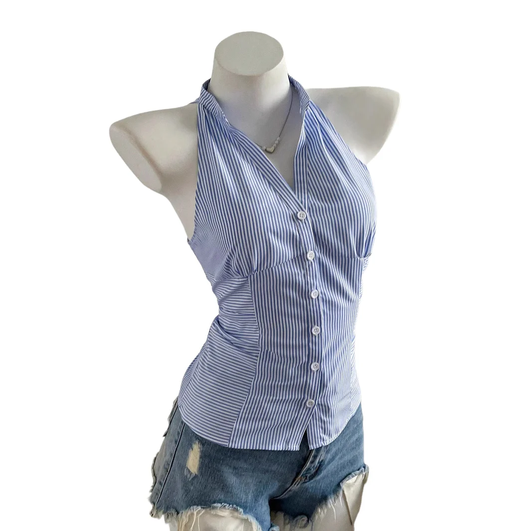 Летняя повседневная женская блузка синяя в полоску, топ-халтер с V-образным вырезом, на пуговицах, без рукавов, приталенная, в стиле Y2K, уличная мода 2026
Летняя повседневная женская блузка синяя в полоску, топ-халтер с V-образным вырезом, на пуговицах, без рукавов, приталенная, в стиле Y2K, уличная мода 2026
